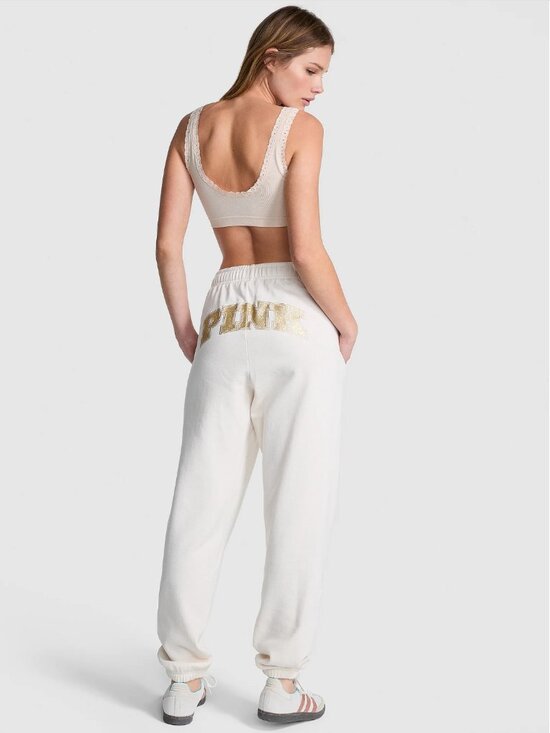 Pants - RARE PINK Victoria's Secret Beige Jogger Sweatpants Gold Sparkle Logo XL NWT